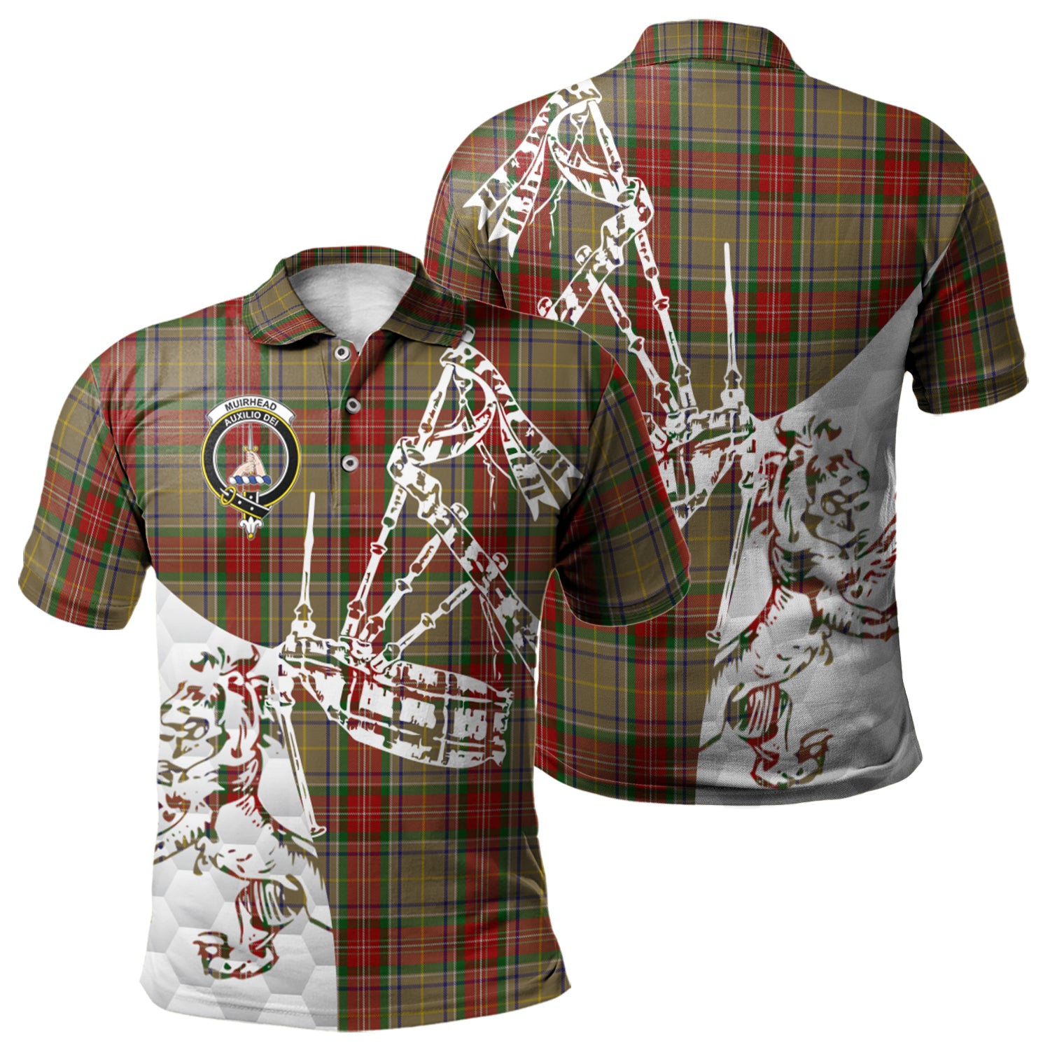 scottish-muirhead-old-clan-crest-tartan-polo-shirt-lion-and-bagpipes-style