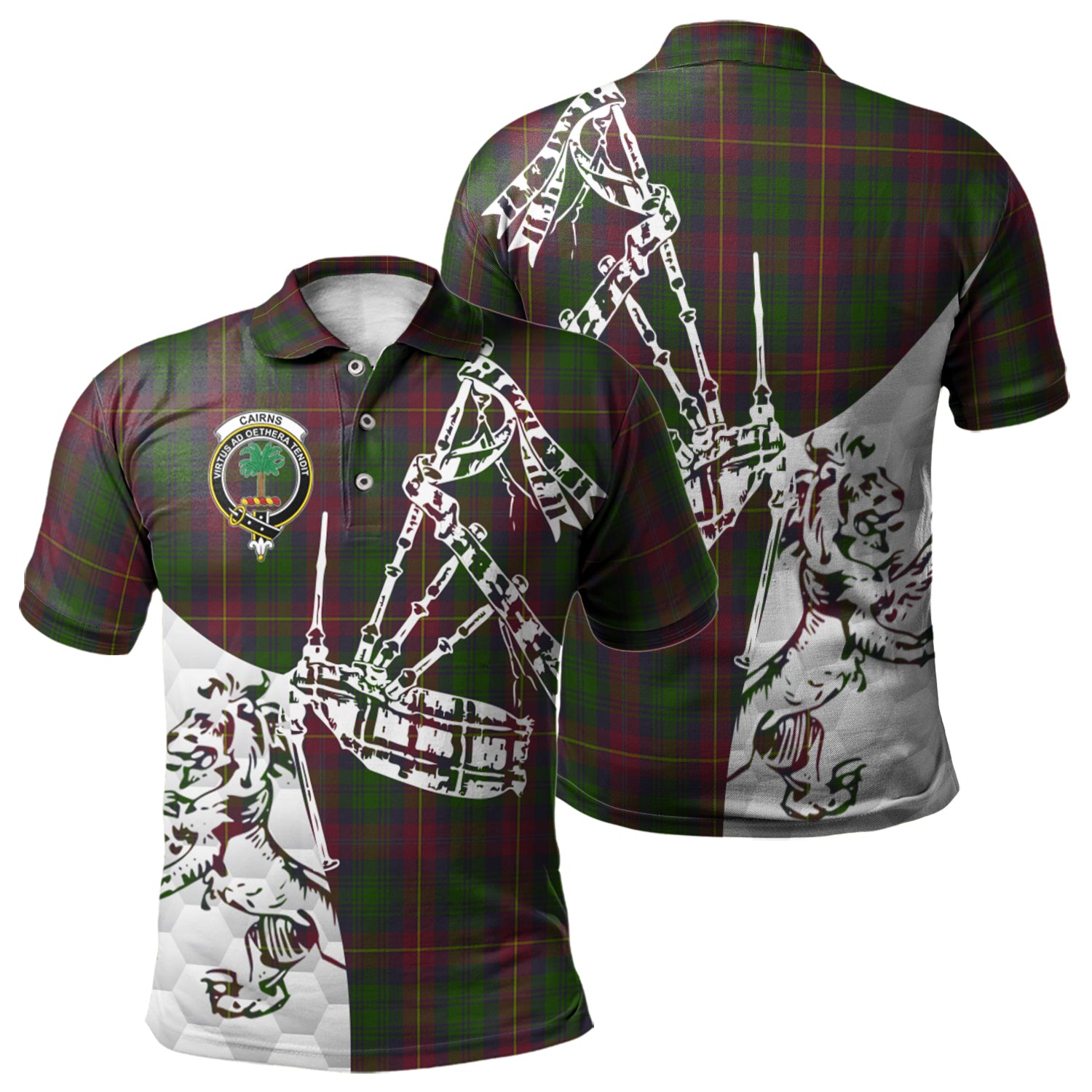 scottish-cairns-clan-crest-tartan-polo-shirt-lion-and-bagpipes-style