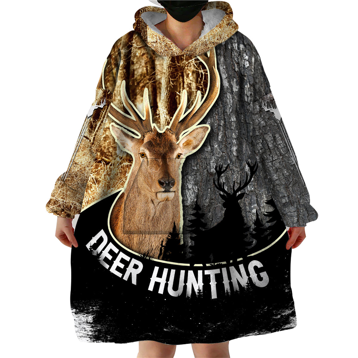 Deer Hunting Old Tree Bark Texture And Dry Broadleaf Forest Abstract Pattern Wearable Blanket Hoodie - Wonder Print Shop
