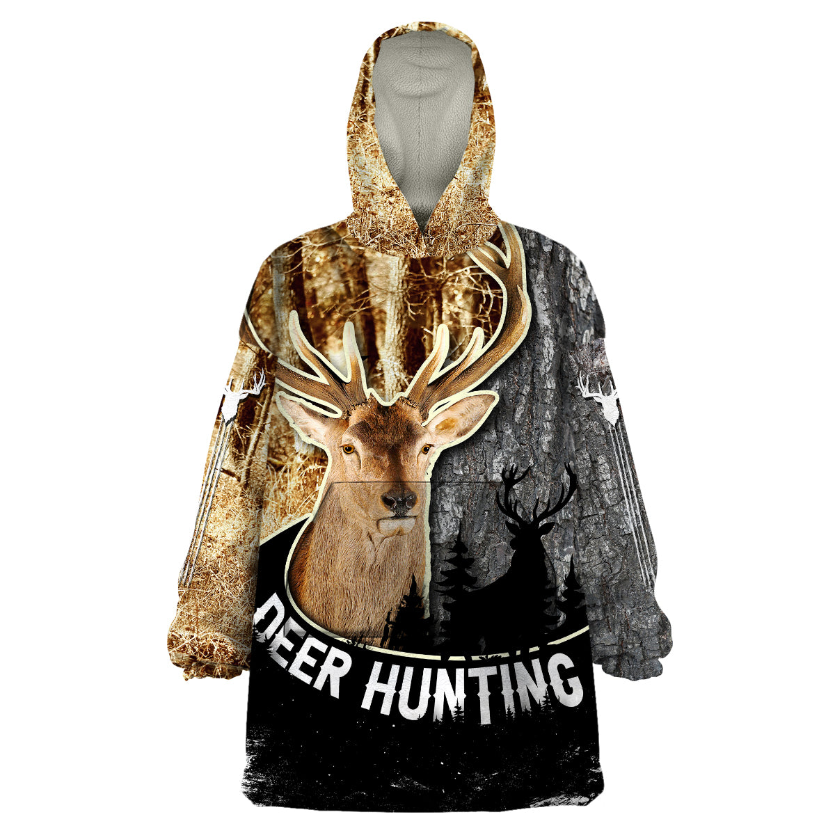 Deer Hunting Old Tree Bark Texture And Dry Broadleaf Forest Abstract Pattern Wearable Blanket Hoodie - Wonder Print Shop