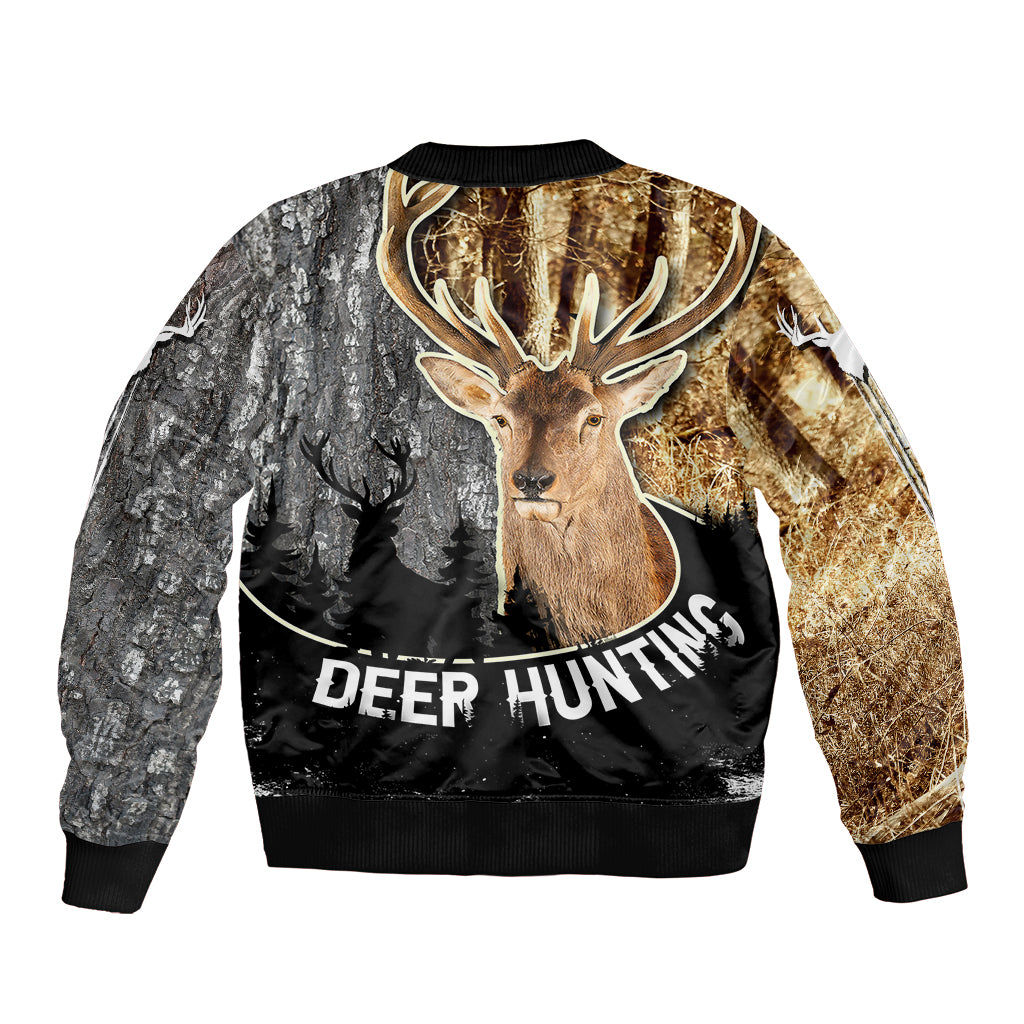 Deer Hunting Old Tree Bark Texture And Dry Broadleaf Forest Abstract Pattern Sleeve Zip Bomber Jacket - Wonder Print Shop
