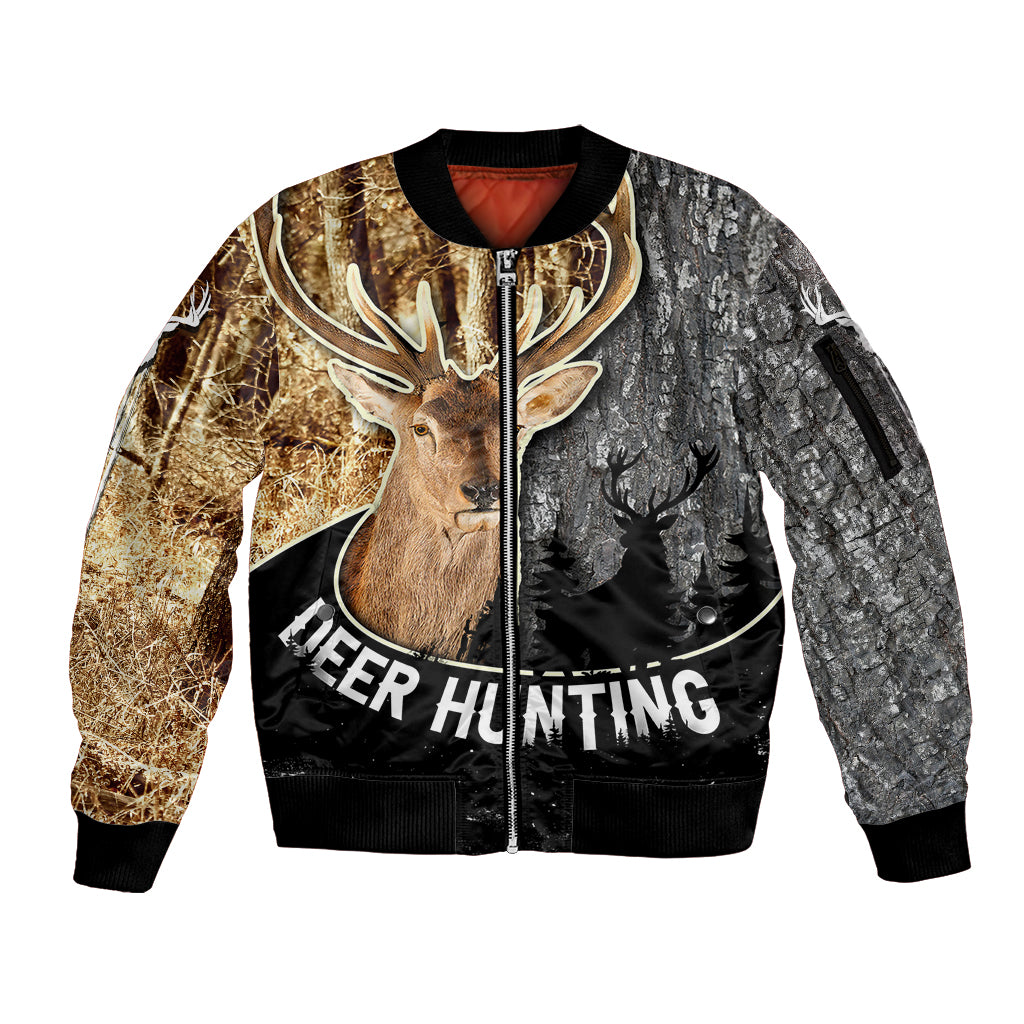 Deer Hunting Old Tree Bark Texture And Dry Broadleaf Forest Abstract Pattern Sleeve Zip Bomber Jacket - Wonder Print Shop