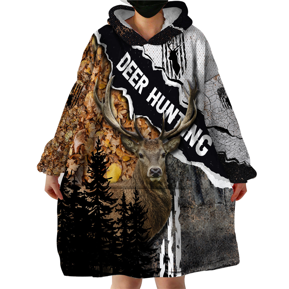 Deer Hunting Dry Broadleaf Forest Grunge Pattern Wearable Blanket Hoodie - Wonder Print Shop