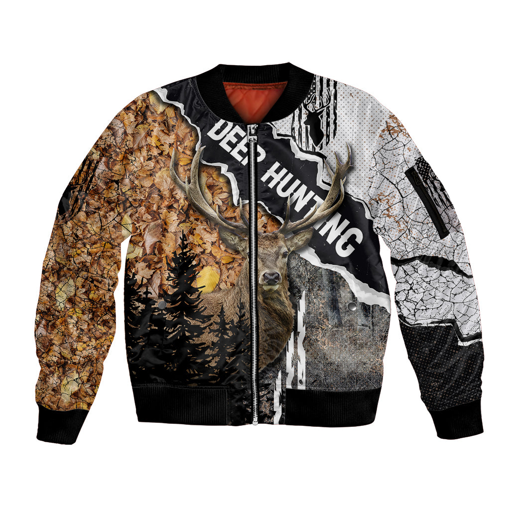 Deer Hunting Dry Broadleaf Forest Grunge Pattern Sleeve Zip Bomber Jacket - Wonder Print Shop