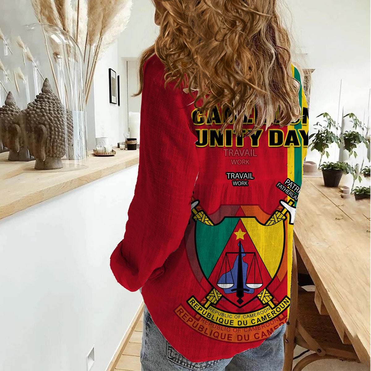 Women’s casual shirt, red with Cameroon unity day graphic and coat of arms emblem, long sleeves