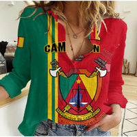 Women’s casual shirt, red and green with Cameroon coat of arms graphic, V-neck