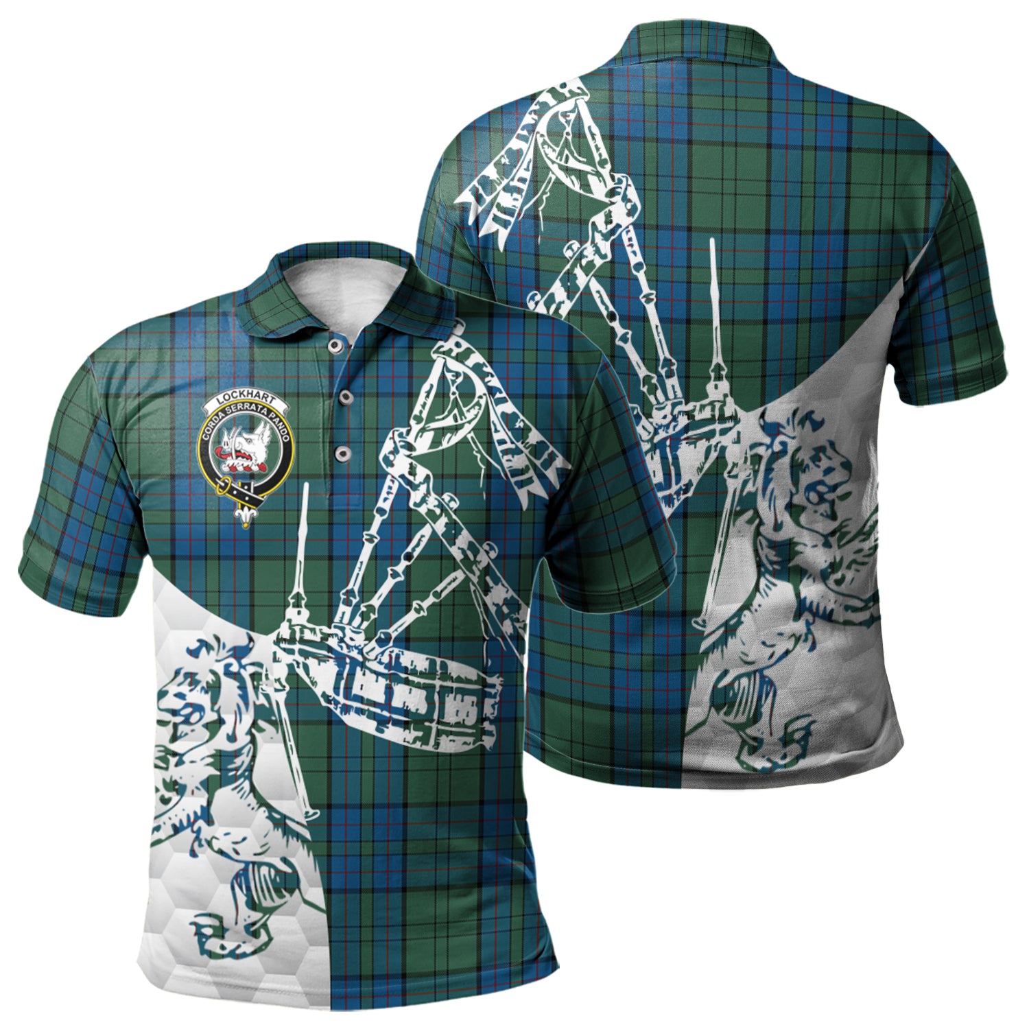 scottish-lockhart-clan-crest-tartan-polo-shirt-lion-and-bagpipes-style