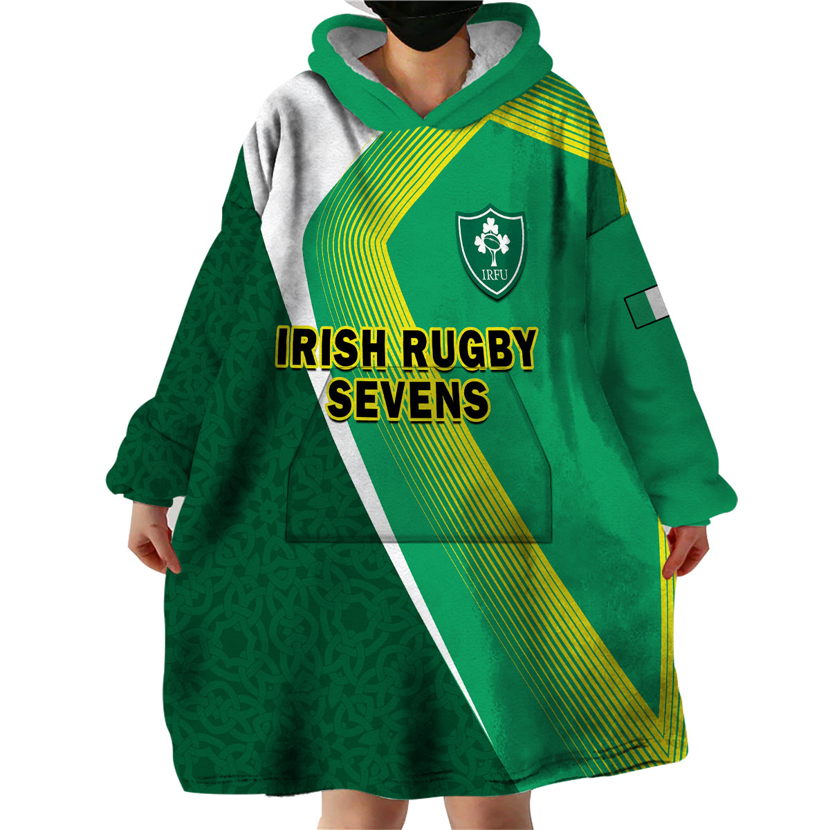 (Custom Text And Number) Ireland Rugby 7s Celtic Cross Shamrock Wearable Blanket Hoodie - Wonder Print Shop