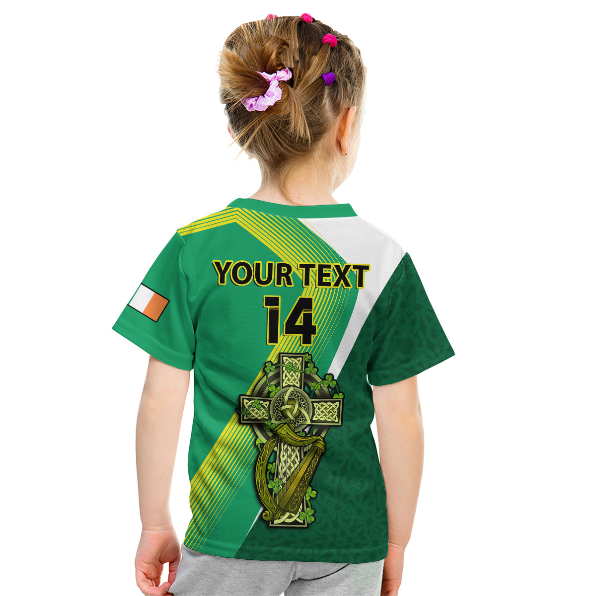 (Custom Text And Number) Ireland Rugby 7s Celtic Cross Shamrock Kid T Shirt - Wonder Print Shop