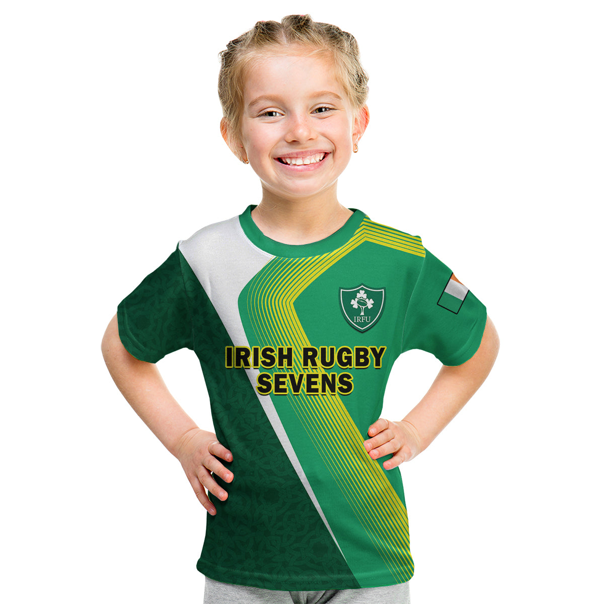 (Custom Text And Number) Ireland Rugby 7s Celtic Cross Shamrock Kid T Shirt - Wonder Print Shop