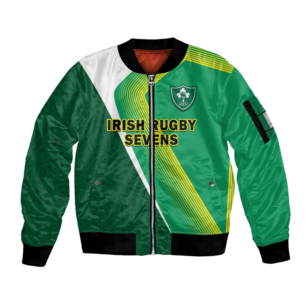 (Custom Text And Number) Ireland Rugby 7s Celtic Cross Shamrock Sleeve Zip Bomber Jacket - Wonder Print Shop