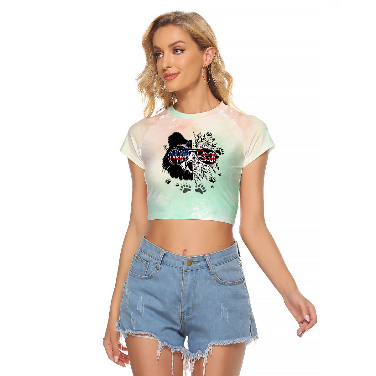 Personalised Mama Bear US Flag First Mother's Day Together Raglan Cropped T Shirt TS07 - Wonder Print Shop