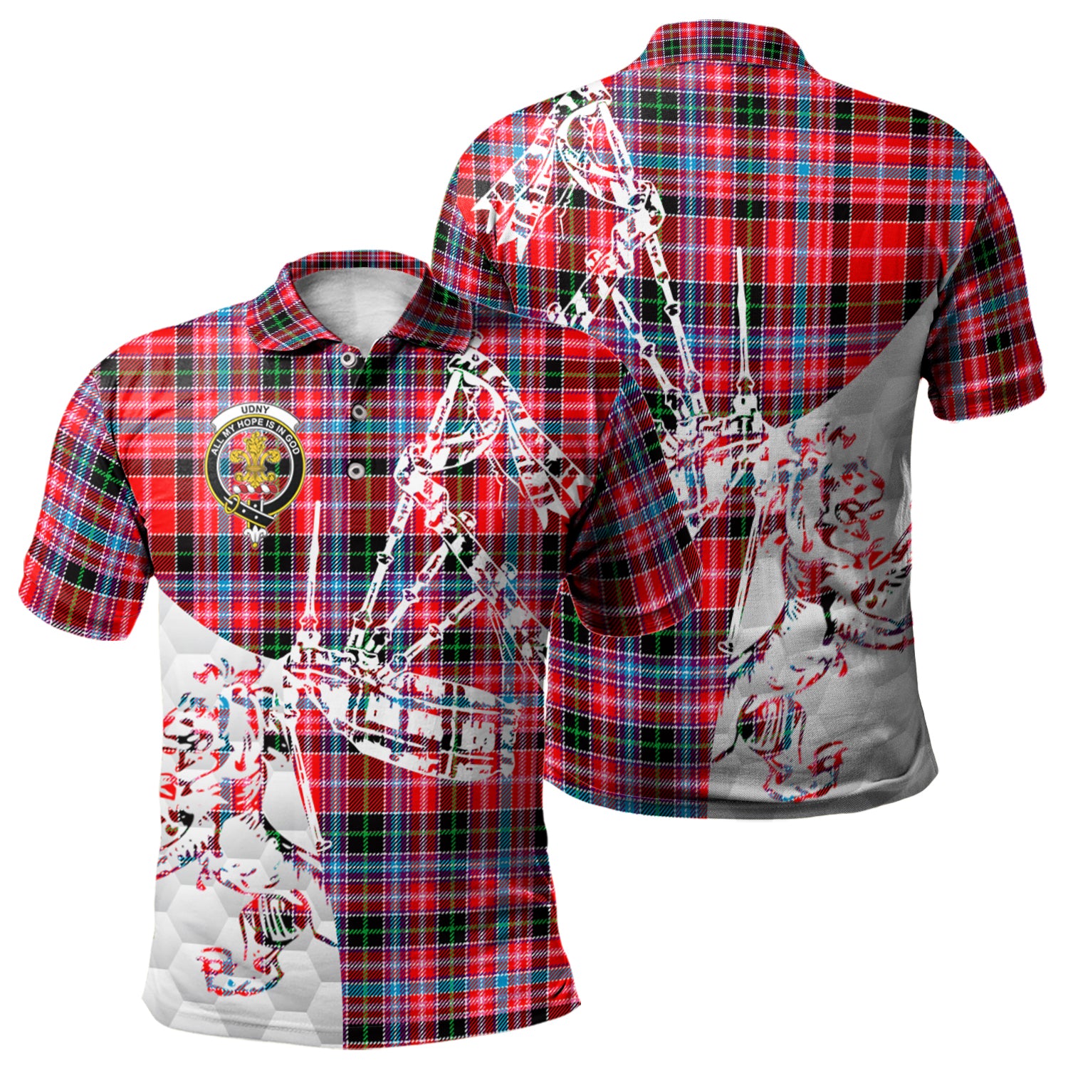 scottish-udny-clan-crest-tartan-polo-shirt-lion-and-bagpipes-style