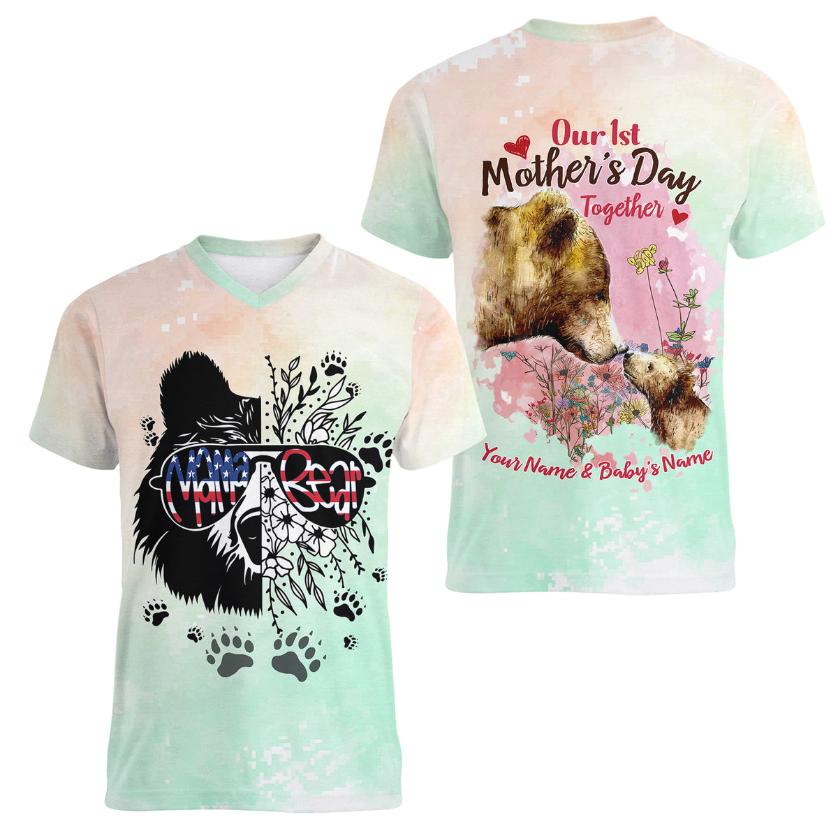 Personalised Mama Bear US Flag First Mother's Day Together Women V Neck T Shirt TS07 - Wonder Print Shop