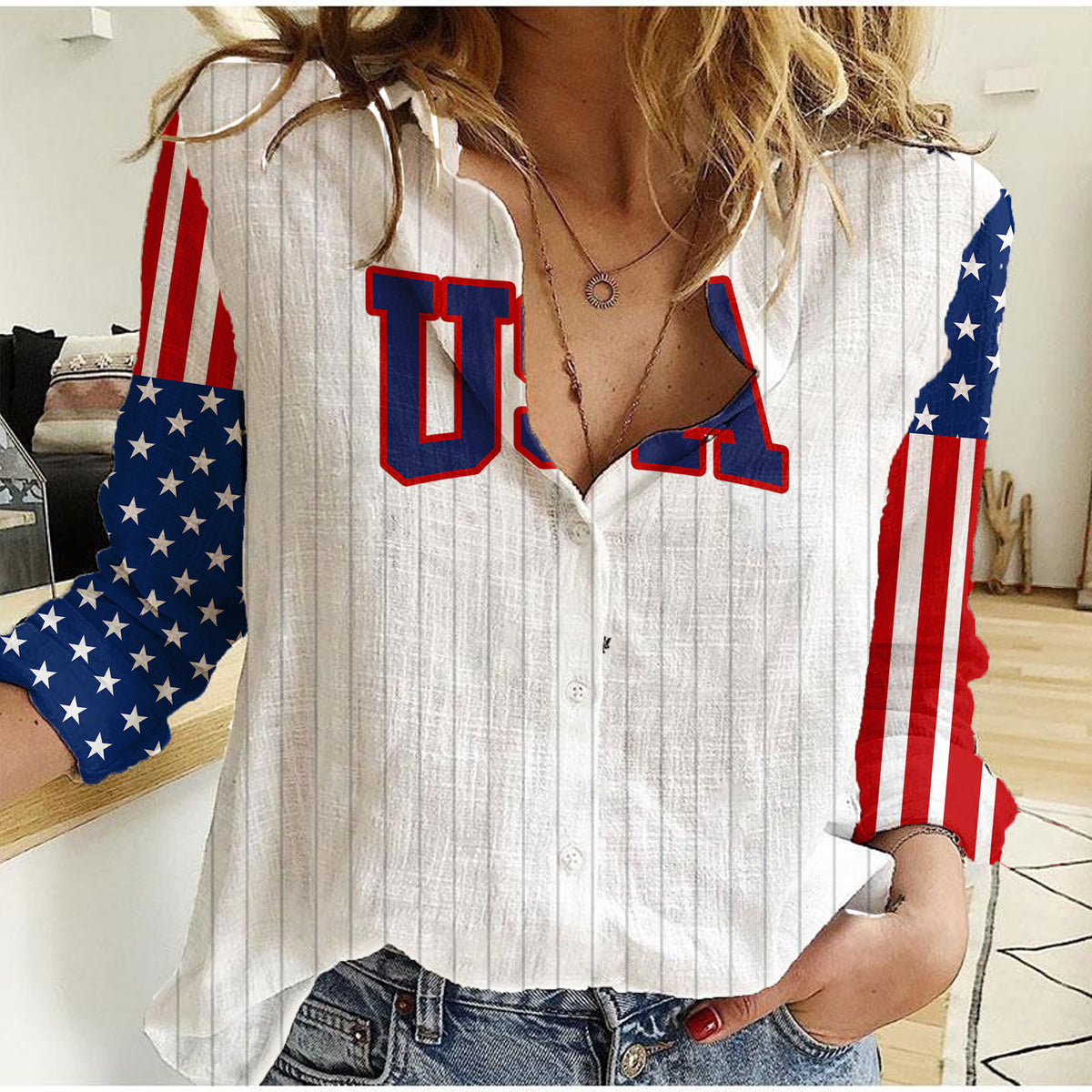 United States 2023 Baseball Classic Uniform USA Flag Women Casual Shirt - Wonder Print Shop