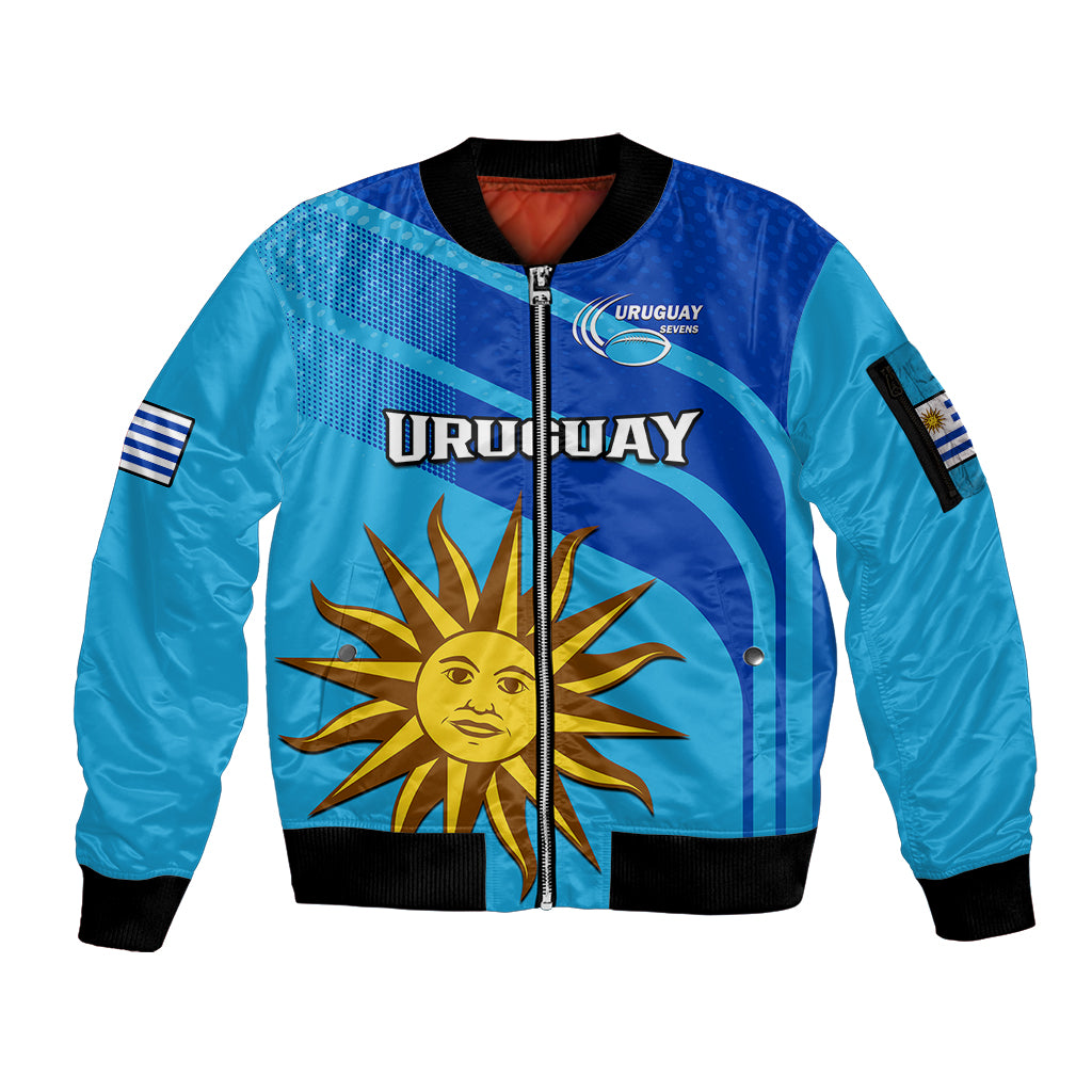 custom-text-and-number-uruguay-rugby-7s-sporty-style-sleeve-zip-bomber-jacket
