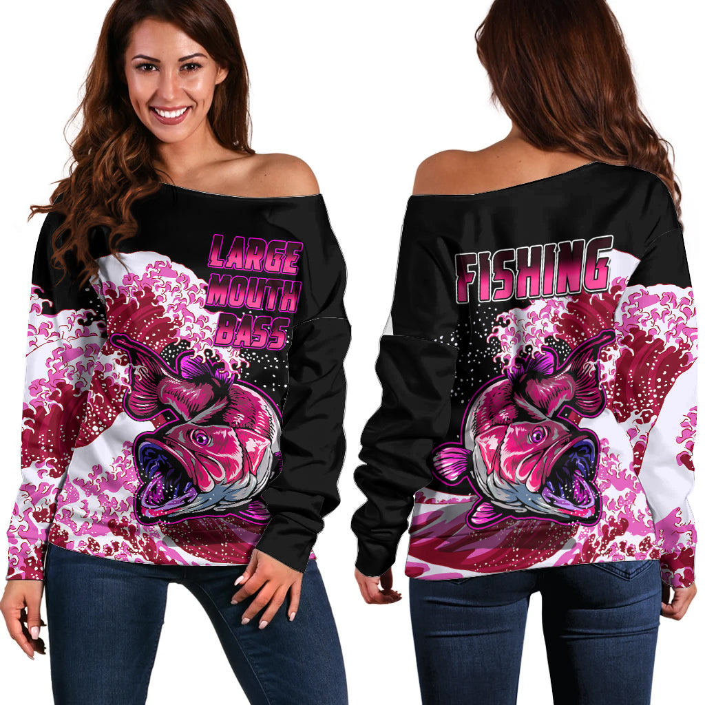 Largemouth Bass Fishing Red Off Shoulder Sweater - Wonder Print Shop