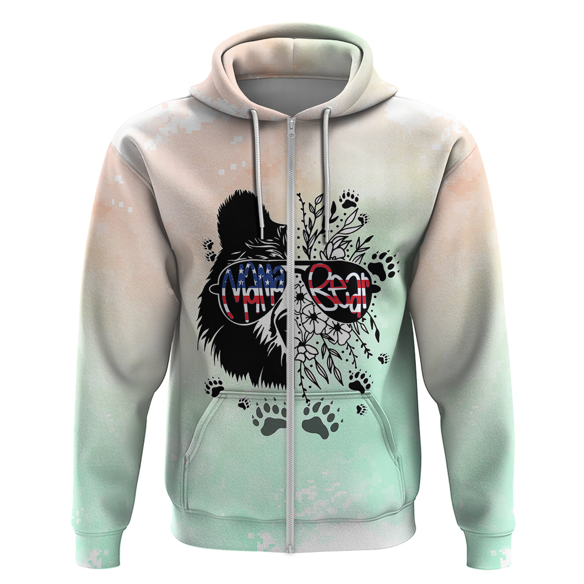 Pastel mint and cream zip hoodie, front view, bear graphic with paw prints and flowers