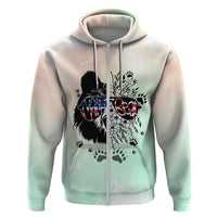 Pastel mint and cream zip hoodie, front view, bear graphic with paw prints and flowers