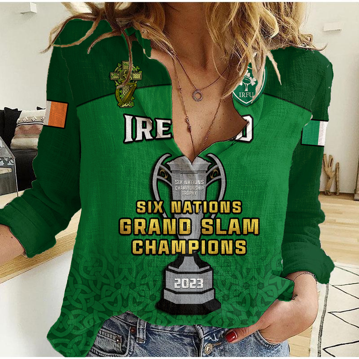 (Custom Text And Number) Ireland Rugby 2023 Champions Six Nations Irish Proud Women Casual Shirt - Wonder Print Shop