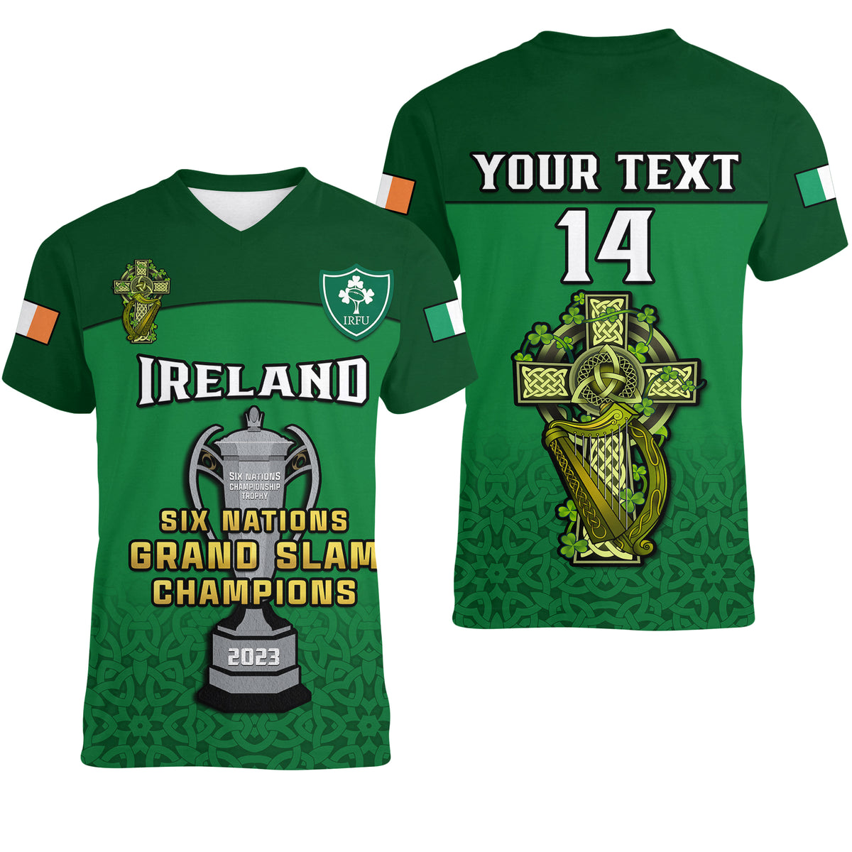 (Custom Text And Number) Ireland Rugby 2023 Champions Six Nations Irish Proud Women V Neck T Shirt - Wonder Print Shop