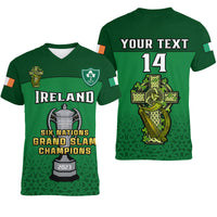 (Custom Text And Number) Ireland Rugby 2023 Champions Six Nations Irish Proud Women V Neck T Shirt - Wonder Print Shop