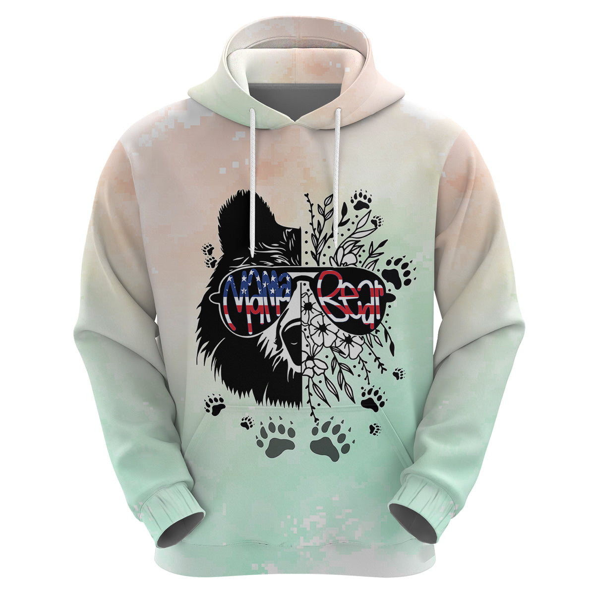Pastel mint and cream zip hoodie, front view, bear head with floral paw-print pattern
