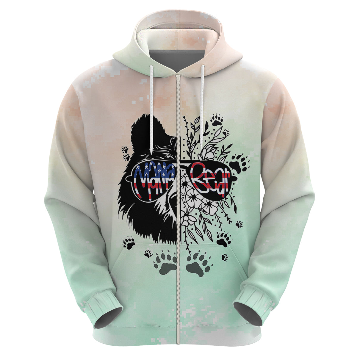 Pastel mint and cream zip hoodie, front view, bear graphic with paw prints and flag-style sunglasses
