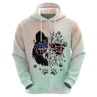 Pastel mint and cream zip hoodie, front view, bear graphic with paw prints and flag-style sunglasses