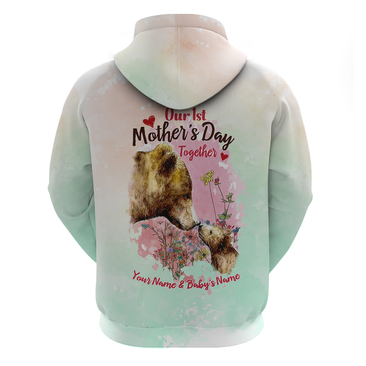 Pastel mint and cream zip hoodie, back view, “Mother’s Day” text with bear and flowers