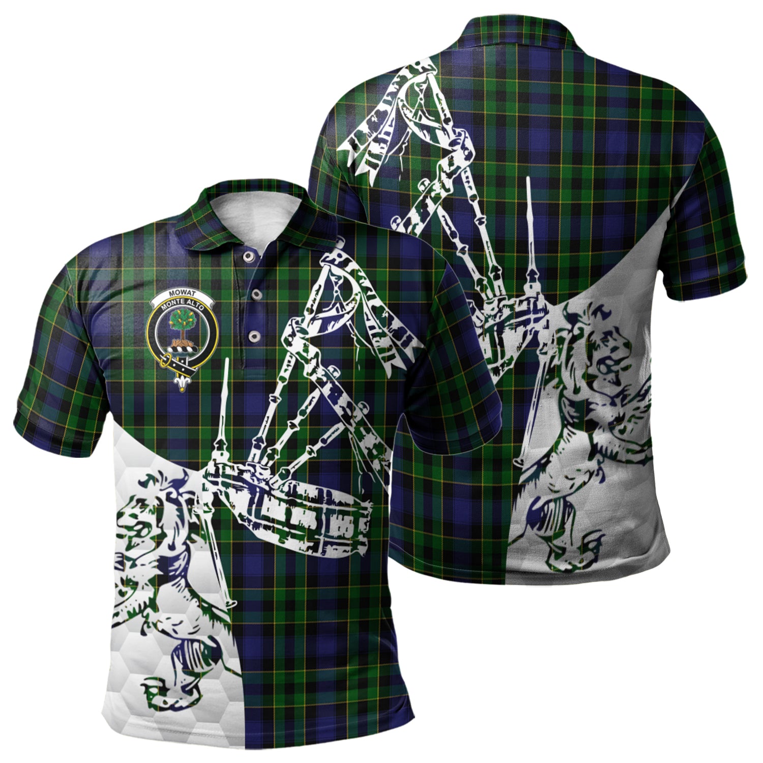 scottish-mowat-clan-crest-tartan-polo-shirt-lion-and-bagpipes-style