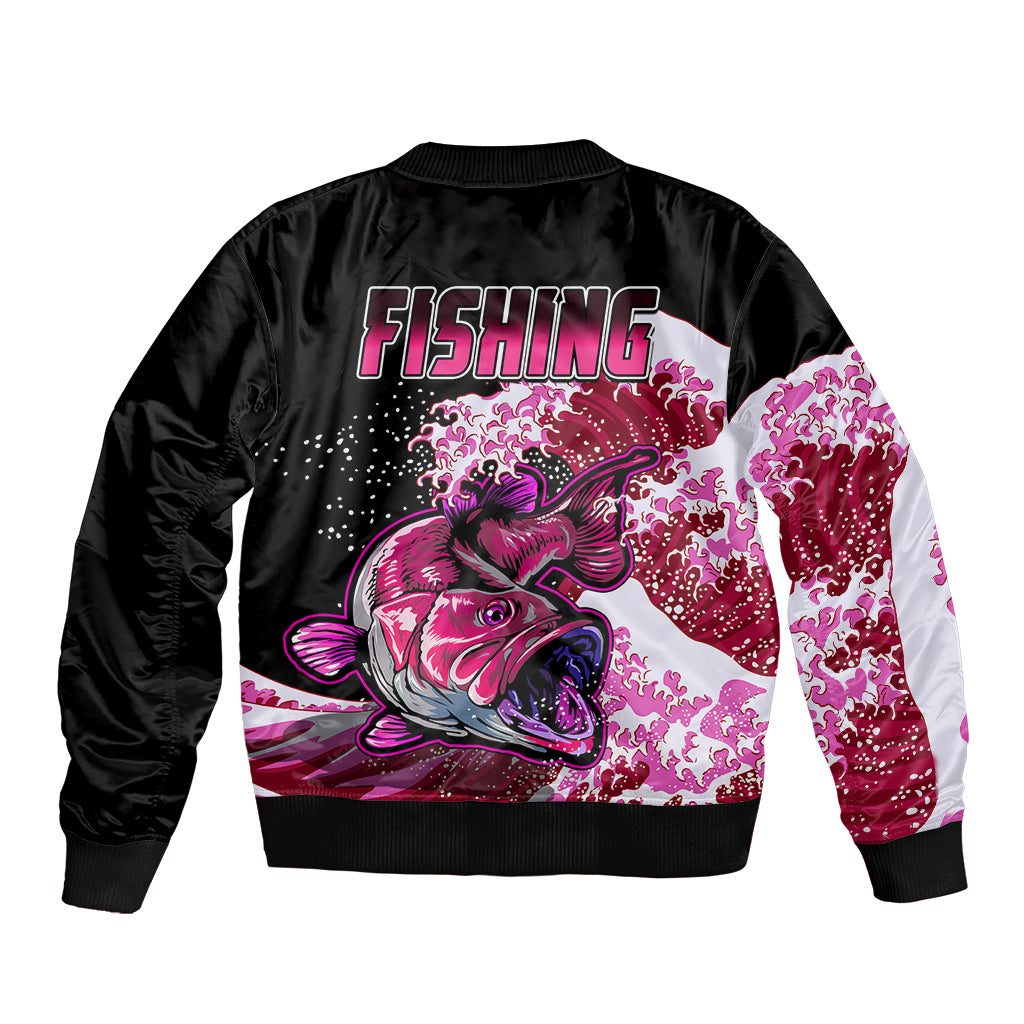 Largemouth Bass Fishing Red Sleeve Zip Bomber Jacket - Wonder Print Shop