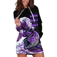 Purple-and-black hooded hoodie dress, long sleeves, drawstring; large bass fish graphic