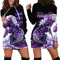 Purple-and-black hooded hoodie dress, long sleeves, drawstring; fish graphic front