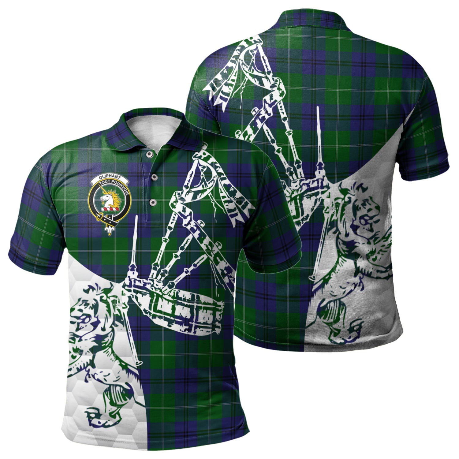 scottish-oliphant-clan-crest-tartan-polo-shirt-lion-and-bagpipes-style