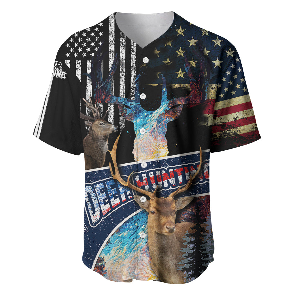 Deer Hunting American Flag Tie Dye Forest Painting Pattern Baseball Jersey - Wonder Print Shop