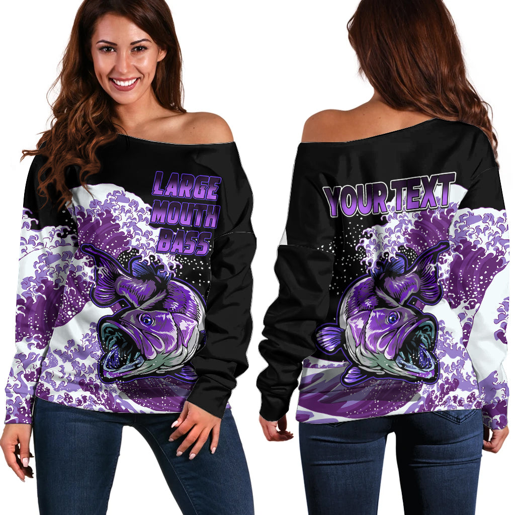 (Custom Personalised) Bass Fishing Purple Off Shoulder Sweater - Wonder Print Shop