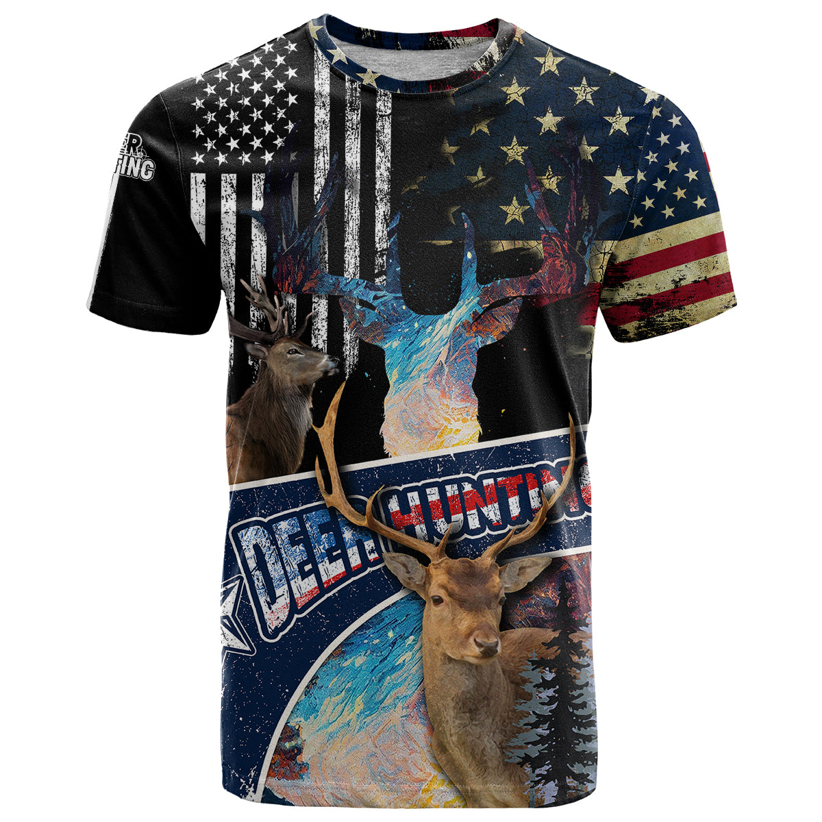 Deer Hunting American Flag Tie Dye Forest Painting Pattern T Shirt - Wonder Print Shop