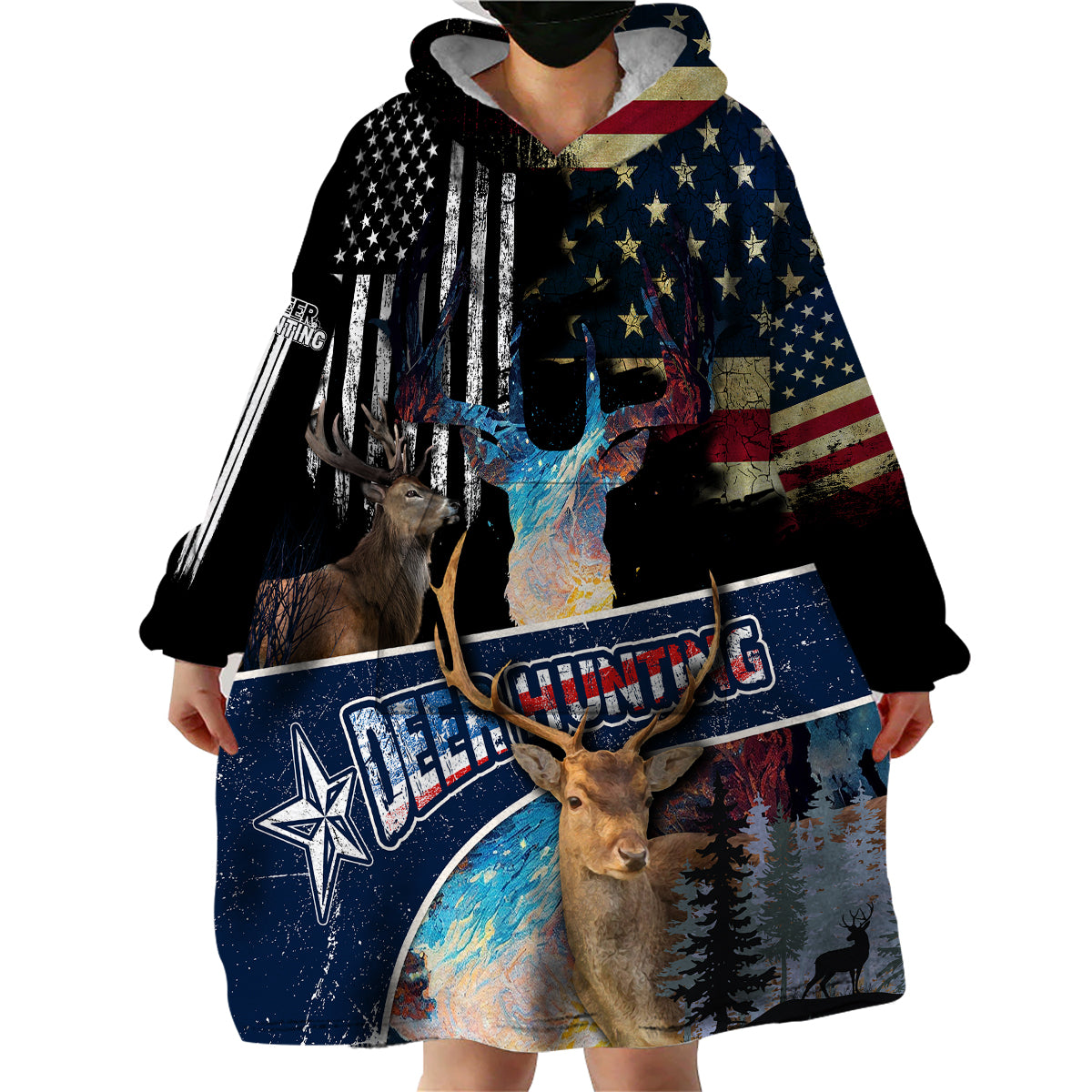 Deer Hunting American Flag Tie Dye Forest Painting Pattern Wearable Blanket Hoodie - Wonder Print Shop