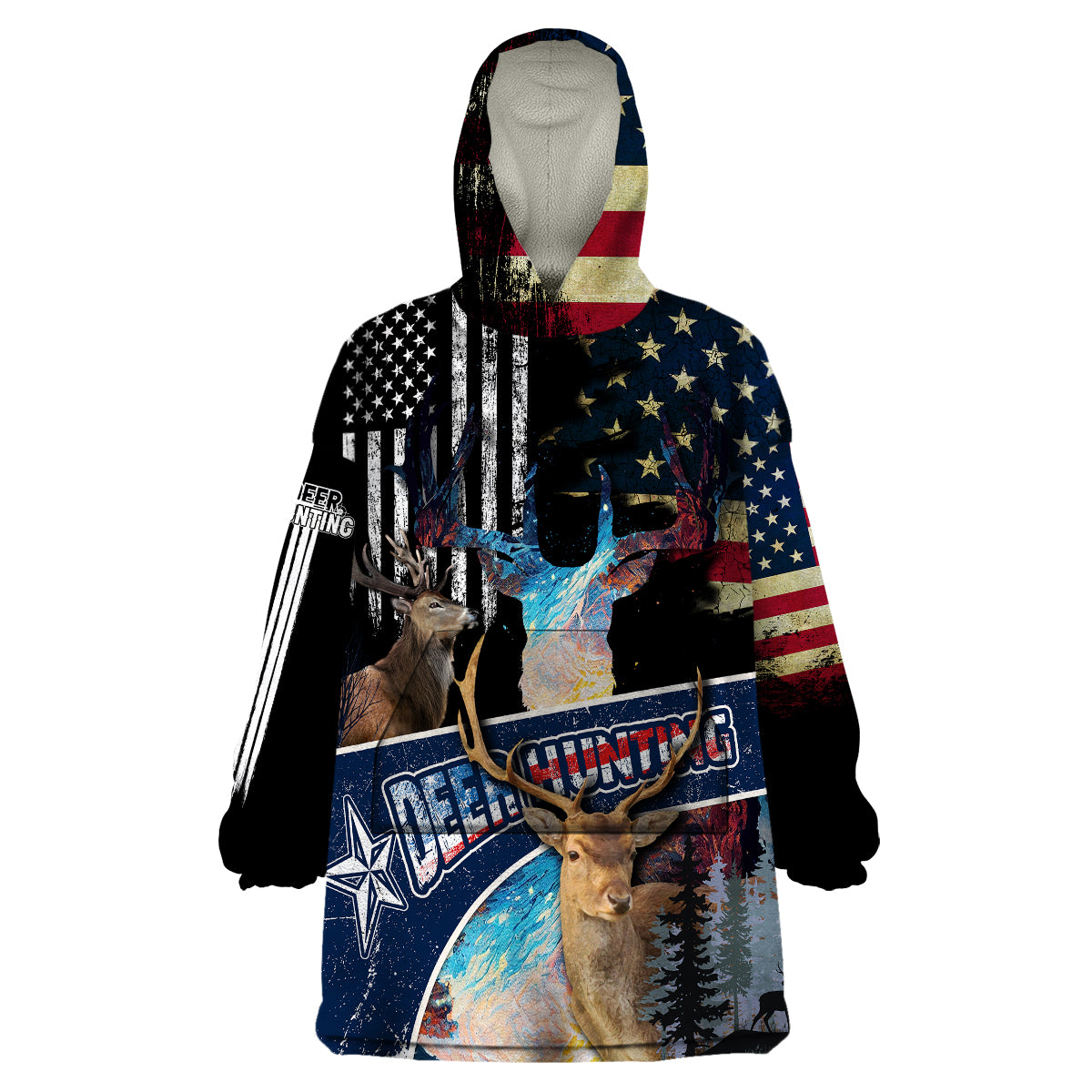 Deer Hunting American Flag Tie Dye Forest Painting Pattern Wearable Blanket Hoodie - Wonder Print Shop