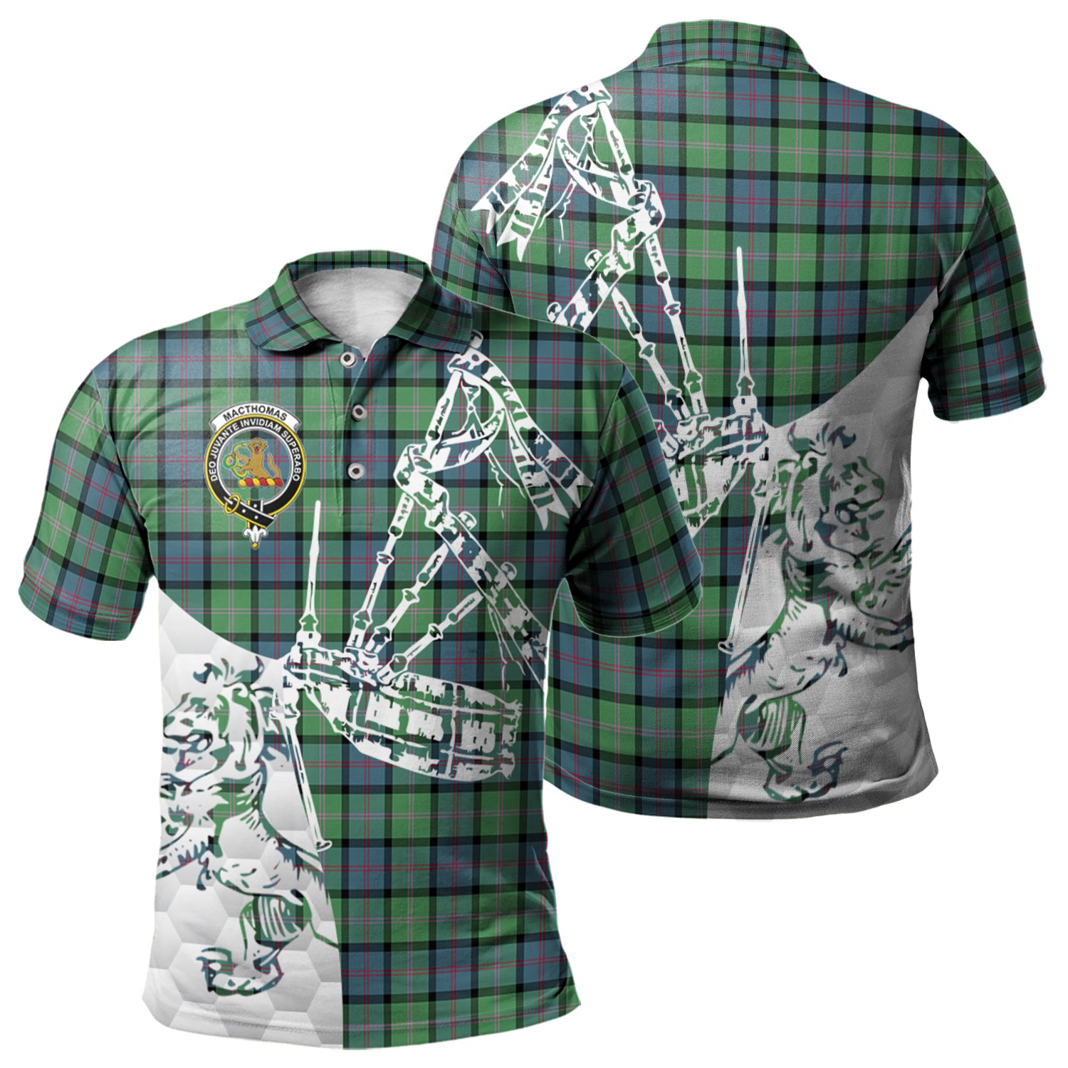 scottish-macthomas-ancient-clan-crest-tartan-polo-shirt-lion-and-bagpipes-style
