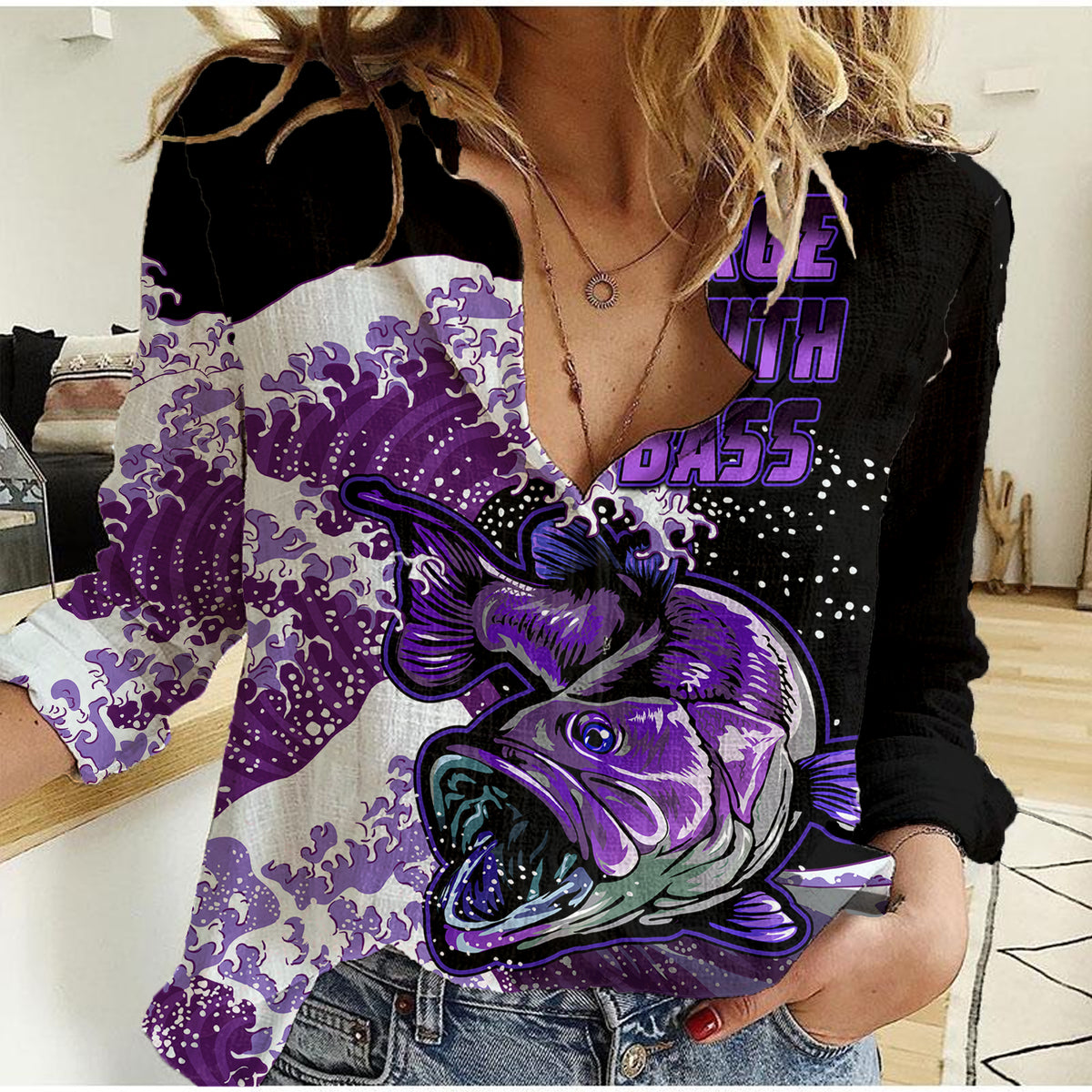 (Custom Personalised) Bass Fishing Purple Women Casual Shirt - Wonder Print Shop