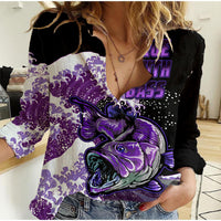 Women’s casual shirt with purple bass fishing graphic, long sleeves, black base