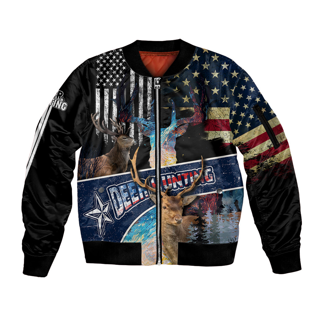 Deer Hunting American Flag Tie Dye Forest Painting Pattern Sleeve Zip Bomber Jacket - Wonder Print Shop