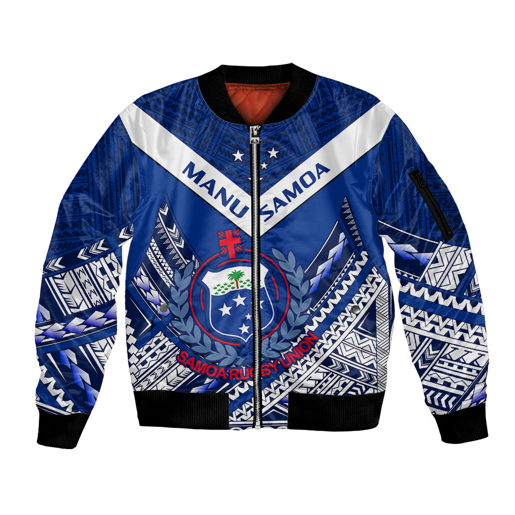 (Custom Text And Number) Samoan Rugby Manu Samoa 7s Polynesian Pattern Sleeve Zip Bomber Jacket - Wonder Print Shop
