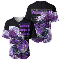 Black baseball jersey with purple sleeves, bass graphic, and Large Mouth Bass text