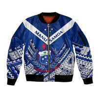 Blue zip-up bomber jacket with black ribbed collar and cuffs, Polynesian sleeve pattern
