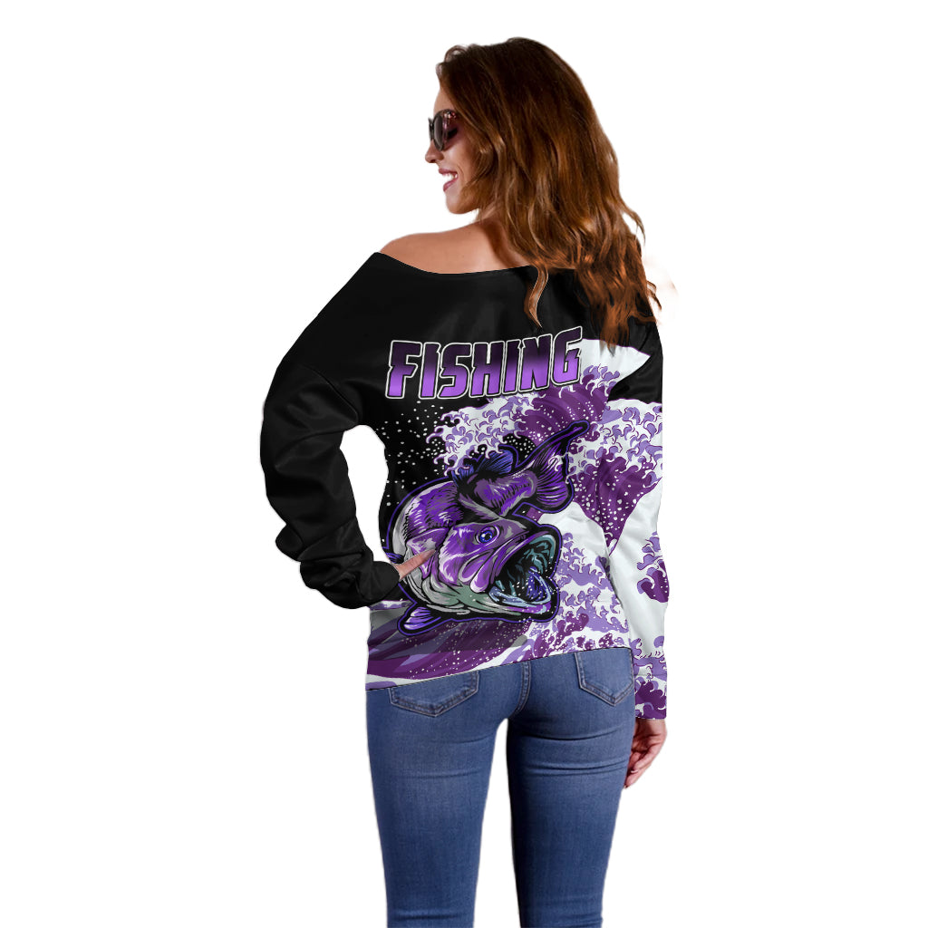 Largemouth Bass Fishing Purple Off Shoulder Sweater - Wonder Print Shop