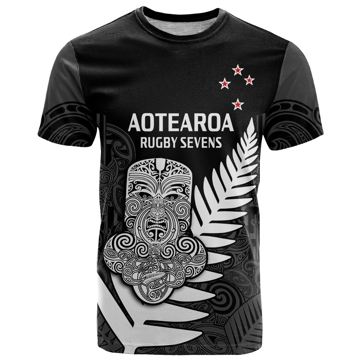 Custom Aotearoa Rugby Sevens All Black Tiki Fern T Shirt - Wonder Print Shop