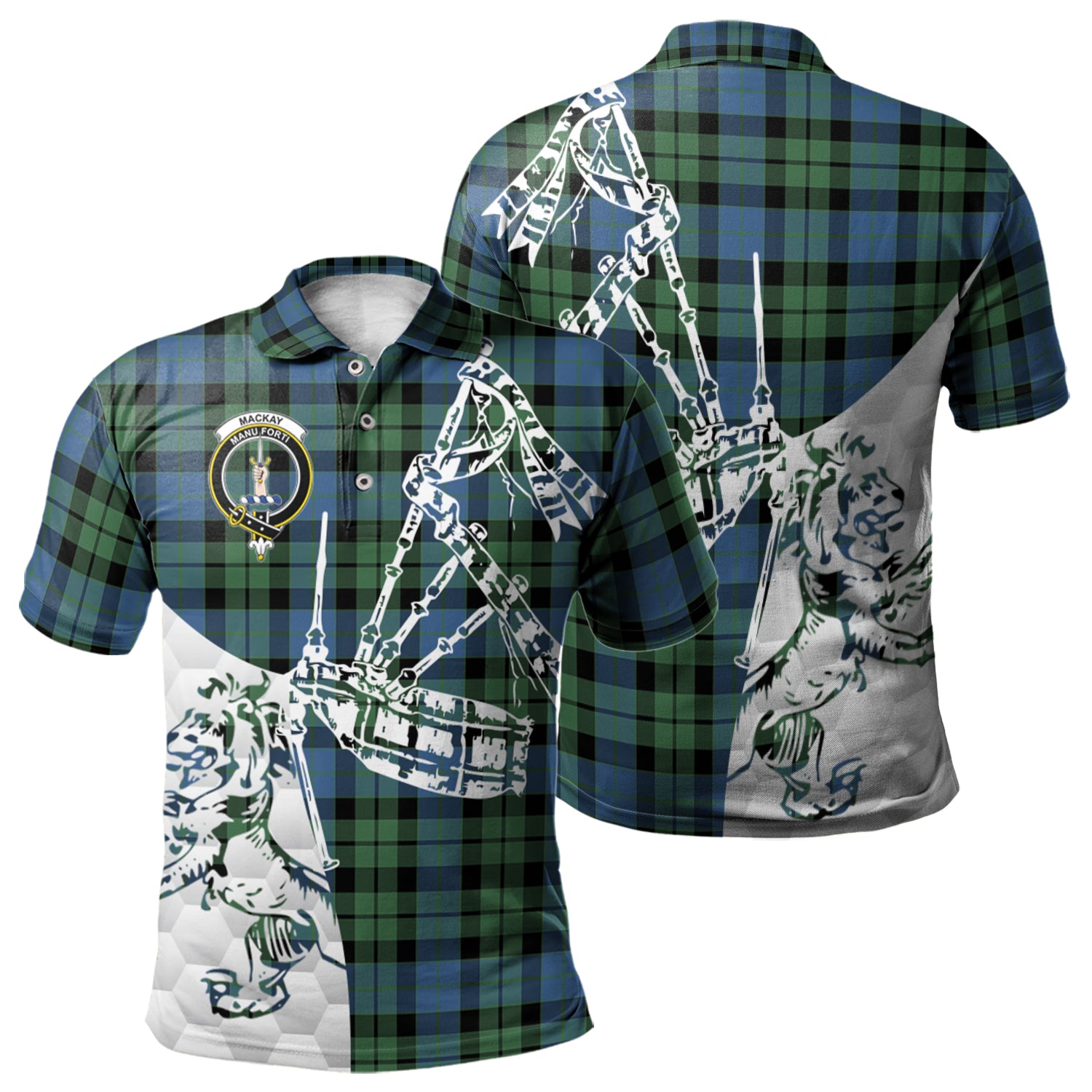 scottish-mackay-ancient-clan-crest-tartan-polo-shirt-lion-and-bagpipes-style